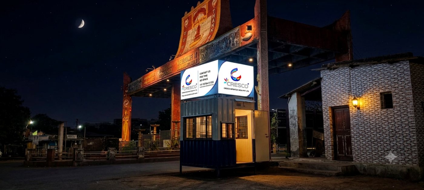 The same Cresco kiosk lit at night